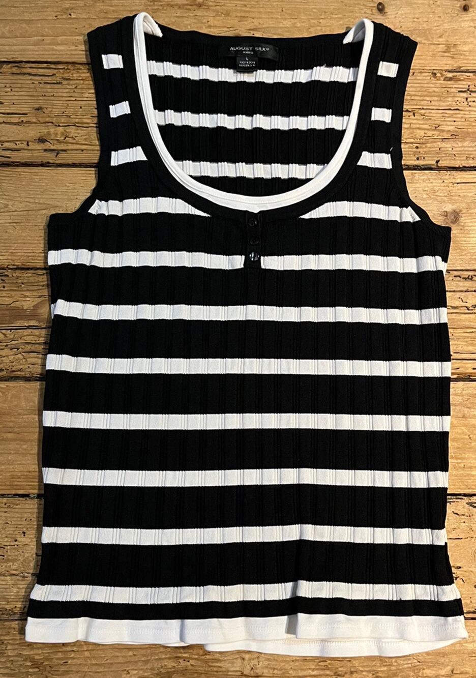 August Silk Womens size L Black White Stripes Sleeveless Blouse Knit NWOT